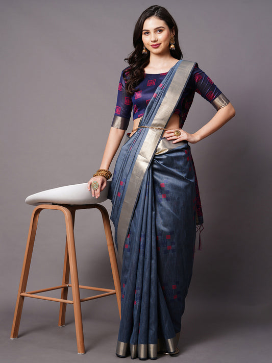 Navy Blue Handloom Silk Saree with Pink Lotus Weave & Printed Blouse