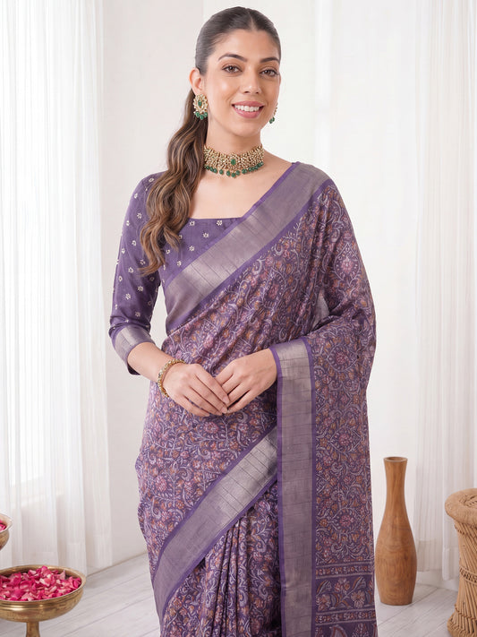 Dusty Violet Floral Kalamkari Printed Silk Blend Saree