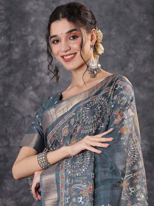 Slate Grey Soft Silk Blend Saree Traditional Printed Saree Zari Border