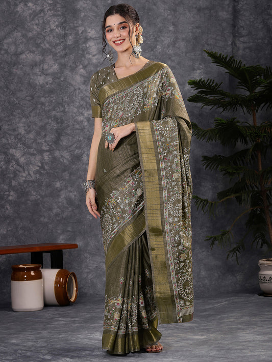 Olive Green Silk Blend Banarasi Style Woven with Traditional Multicolor Woven Motifs