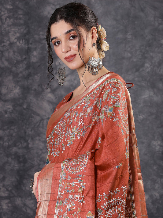 Rust Terracotta Traditional Madhubani Print Tussar Silk Saree