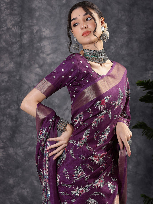 Royal Purple Floral Printed Tussar Silk Blend Saree