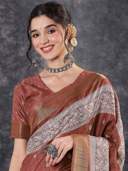 Copper Brown Banarasi Style Woven Art Silk Saree