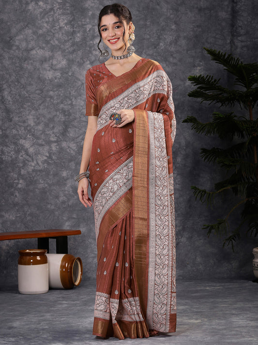 Copper Brown Banarasi Style Woven Art Silk Saree