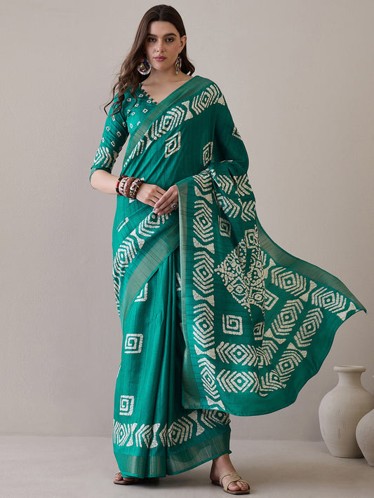 Teal Green Silk Blend Batik Print Saree