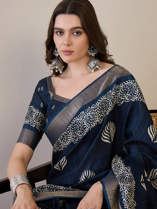 Navy Blue Batik Printed Saree