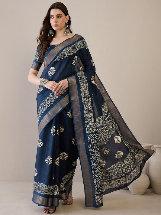 Navy Blue Batik Printed Saree