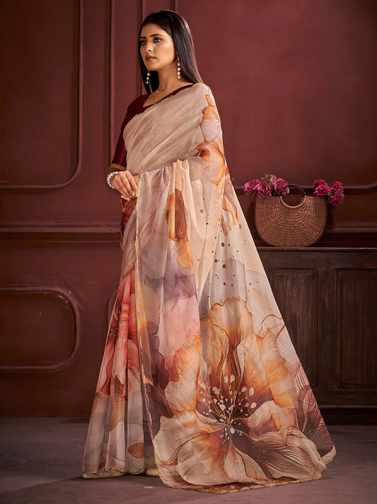 Beige Silk Blend Floral Digital Print Saree
