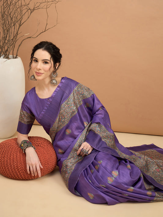 Purple Manipuri Silk Kalamkari Print Zari Border Saree