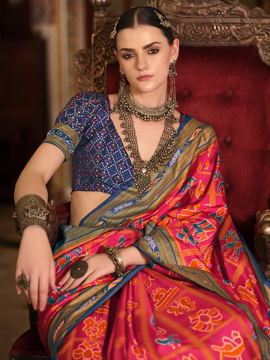 Pink Navy Blue Silk Blend Patola Inspired Weaving Zari Border Blouse Saree