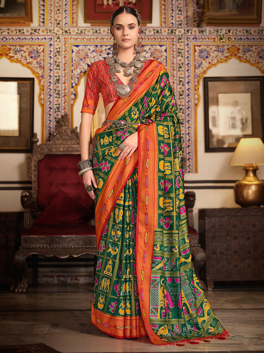 Dark Green Silk Blend Patola Inspired Weaving Zari Border Blouse Saree