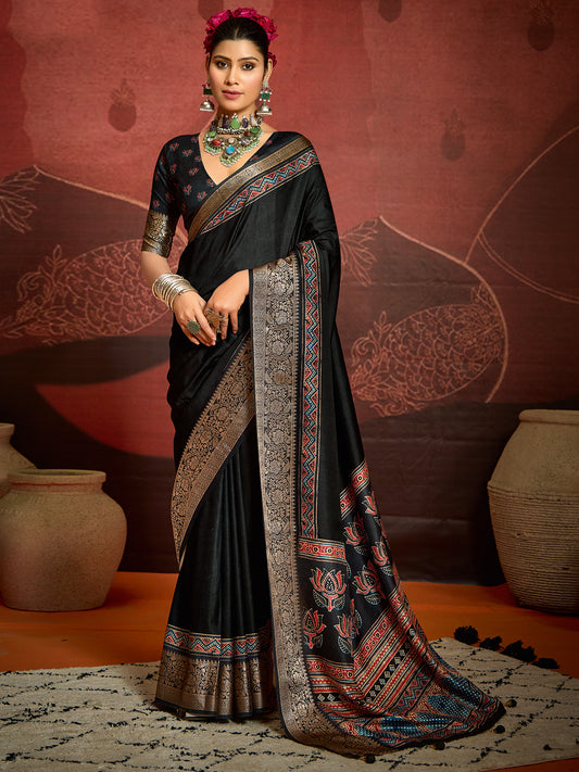 Black Silk Blend Heritage Ajrakh Print Saree
