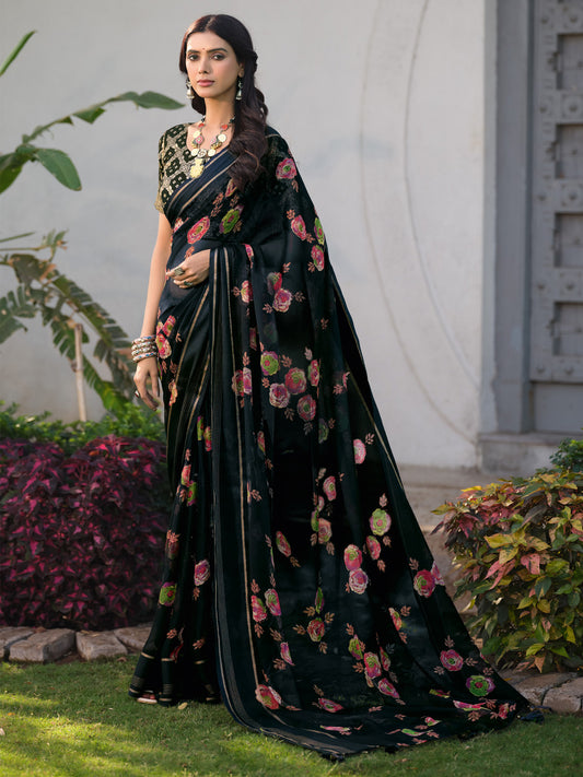 Black Polyester Floral Print Traditional Motif Saree