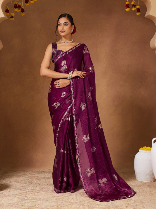 Wine Purple Embroidered Organza Saree with Stitched Blouse