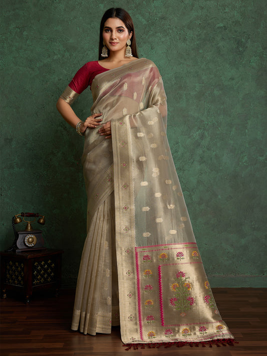 Champagne Gold Tissue Silk Floral Meenakari Pallu Silk Blend Zari Border Blouse