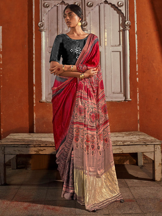 Silk Blend Heritage Floral Print Zari Woven Border saree