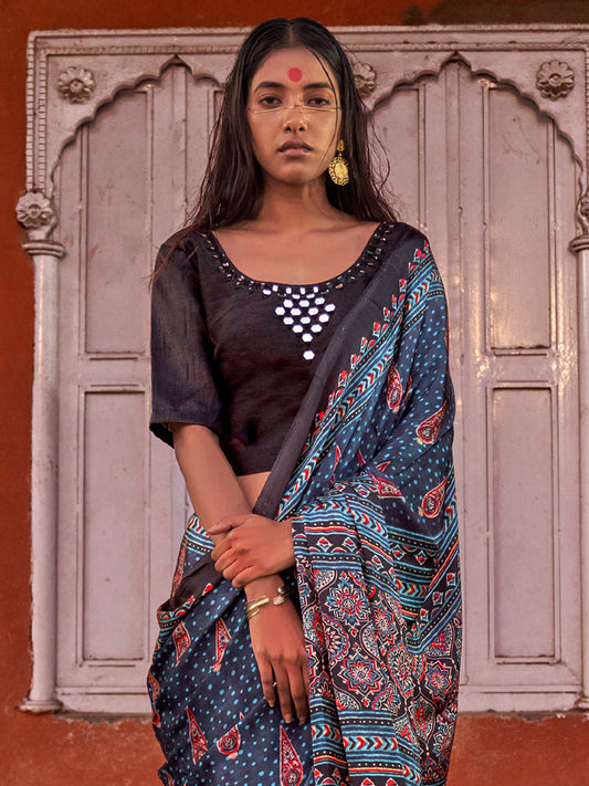 Greyish Blue Silk Blend Ajrakh Style Saree