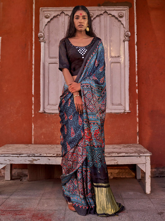 Greyish Blue Silk Blend Ajrakh Style Saree