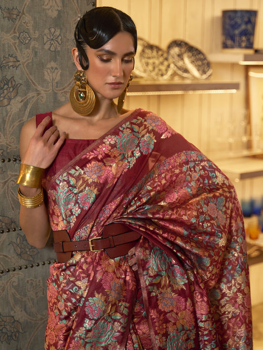 Exquisite Maroon Banarasi Tissue Silk Saree