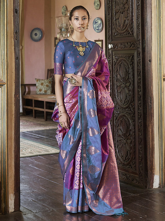 Purple & Blue Silk Blend Kanjeevaram Style Saree