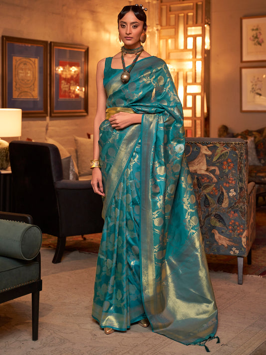 Teal Blue Banarasi Silk saree