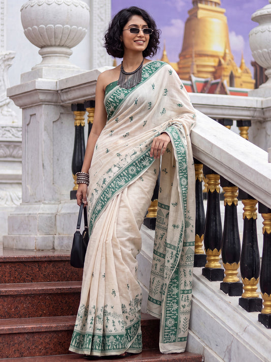 Off-White Warli Print Cotton Saree