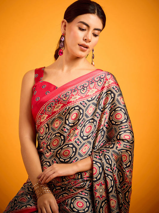 Black & Red Ajrakh Fusion Saree