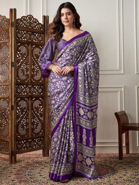 Royal Purple Ajrakh Print Satin Silk Saree