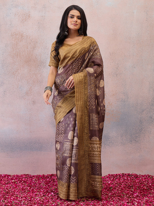 Brown Geometric Batik Printed Cotton Silk Saree