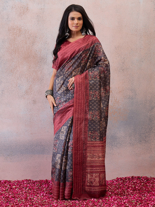 Charcoal Grey Ajrakh Printed Cotton Silk Saree