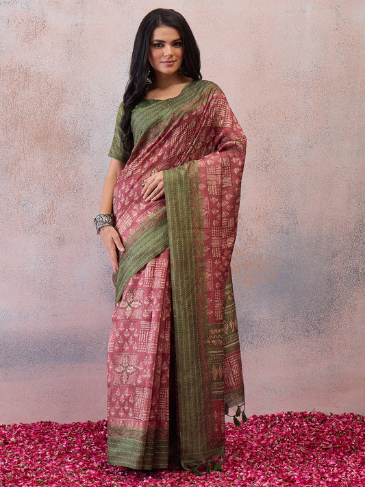 Dusty Pink Floral & Geometric Cotton Silk Saree