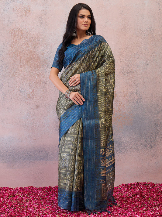 Olive Green Geometric & Tribal Printed Cotton Silk Saree