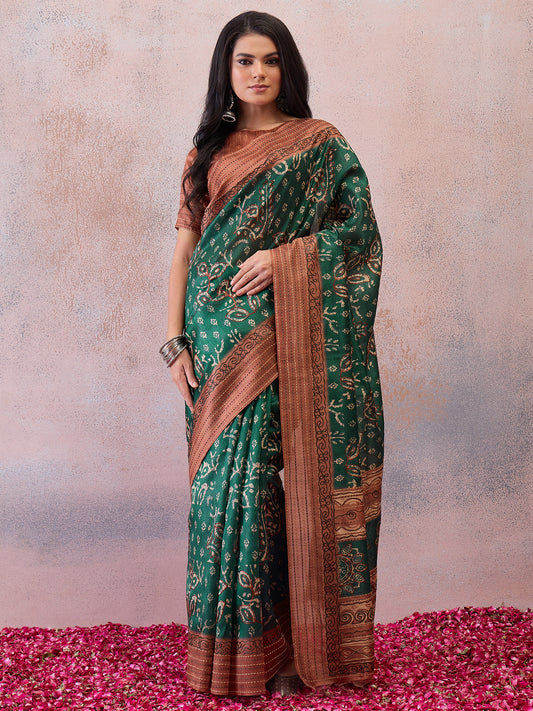 Emerald Green Kalamkari & Floral Cotton Silk Saree
