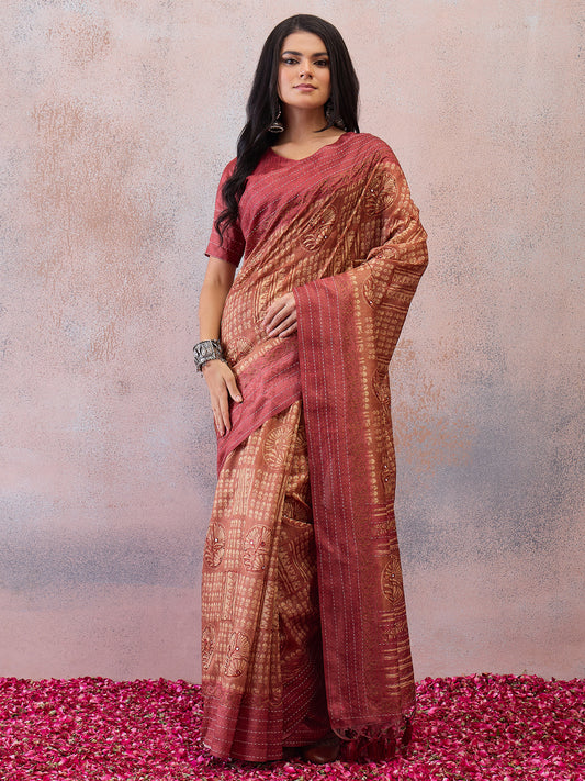Rust Orange & Pink Geometric Floral Cotton Silk Saree