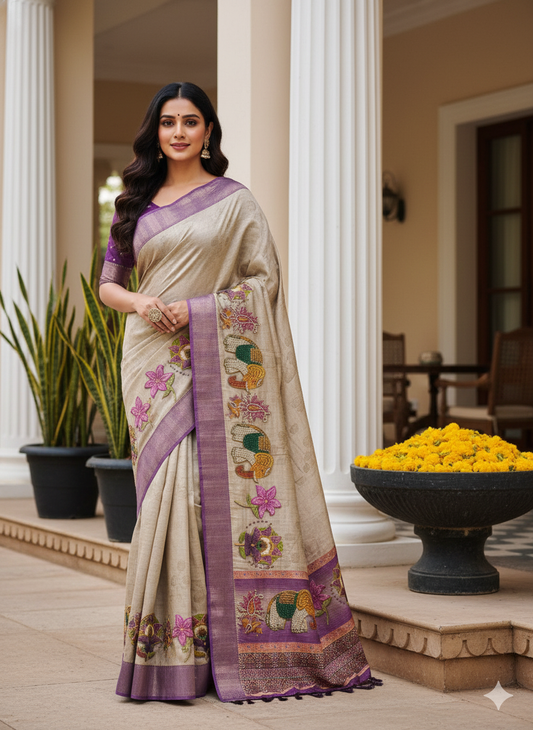Ivory Tussar Silk Saree with 3D Elephant & Floral Hand Embroidery, Purple Zari Border & Tassel Hem