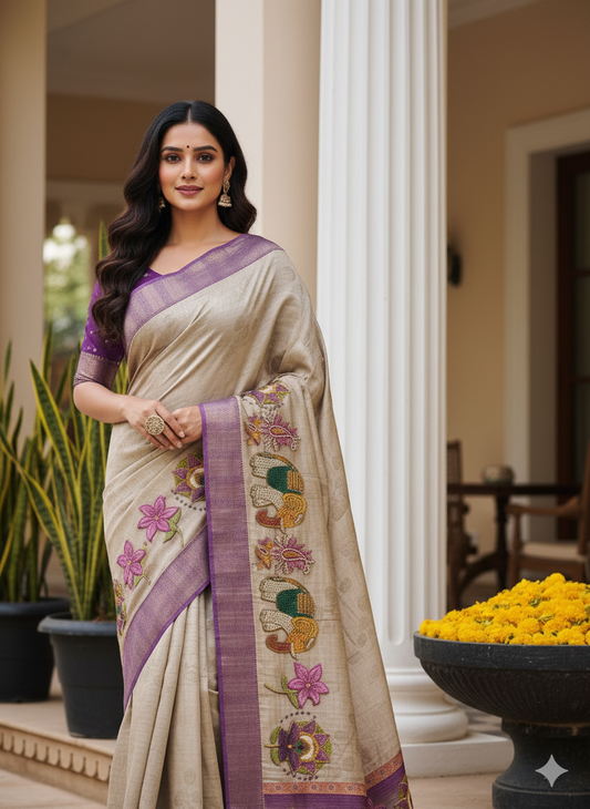 Ivory Cotton Linen Digital Printed Saree