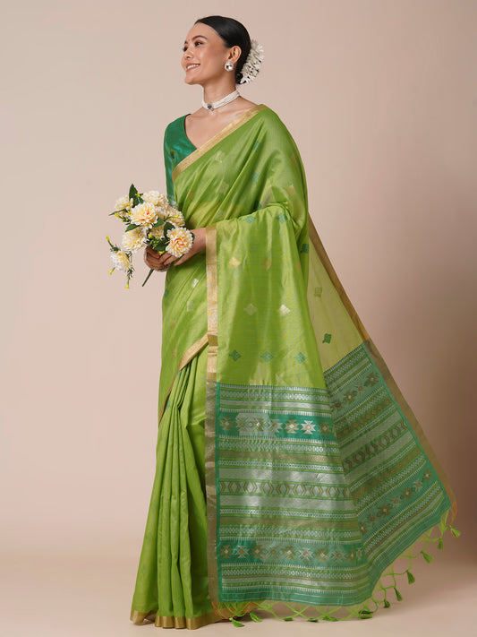 Parrot Green Organza Silk Saree with Woven Border & Blouse