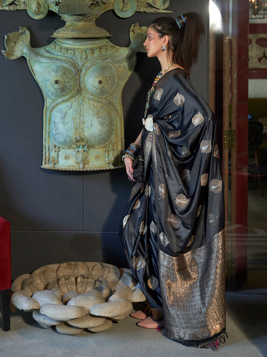 Black Banarasi Satin Silk Gold Silver Zari Woven Saree