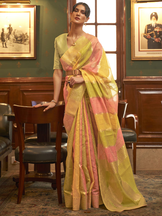 Yellow & Pink Organza Woven Saree