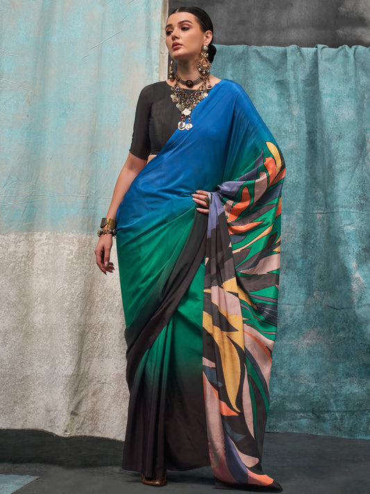 Multicolor Ombre Satin Silk Modern Abstract Print Saree