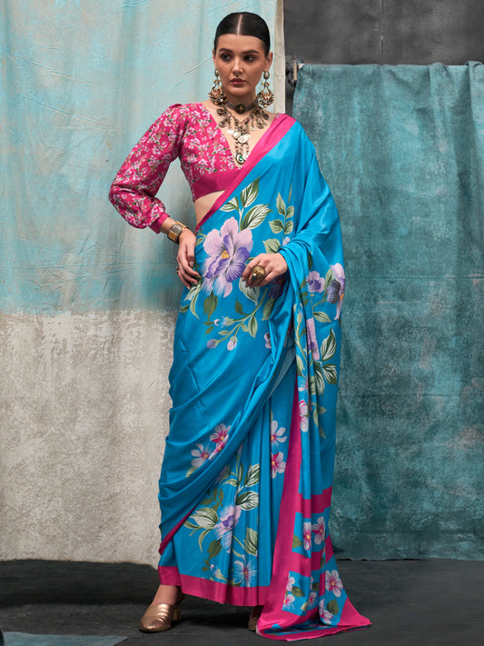 Sky Blue & Pink & Silk Blend Floral Digital Print Saree