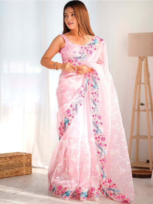 Pink Organza Embroidered Bird & Floral Saree with Blouse
