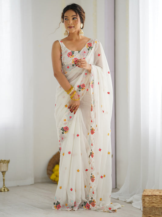 White Georgette Emblished Party Wear Saree