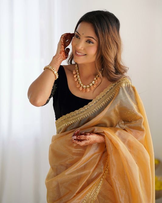 Gold Supernet Saree with Embroidered Blouse