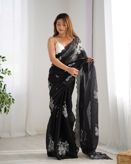 Navy Blue & Black Organza Sequin Embroidered Saree