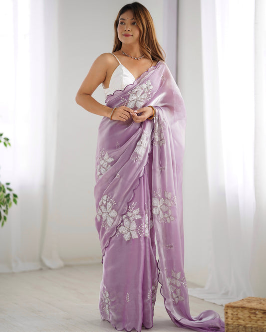 Lavender Organza Saree with Sequin Floral Embroidery