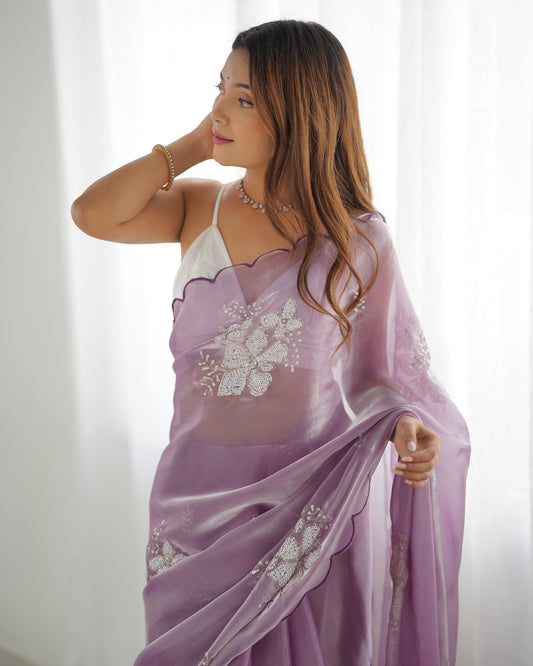 Lavender Organza Saree with Sequin Floral Embroidery