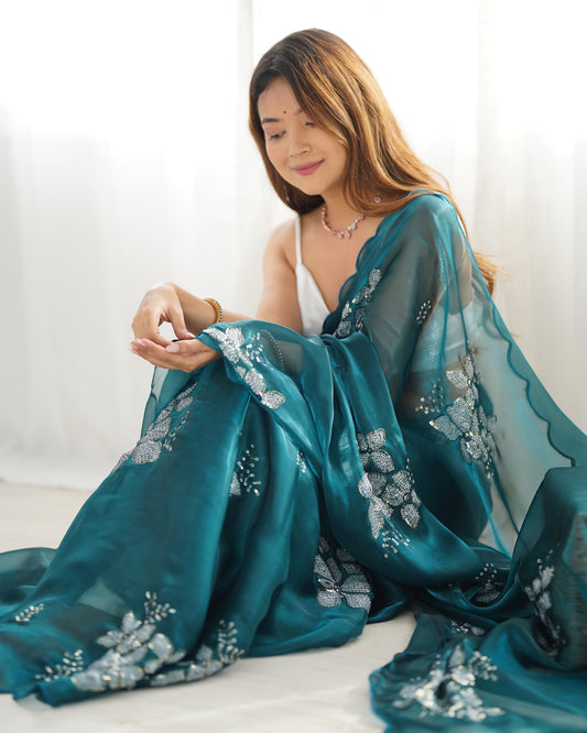Teal Organza Embroidered Saree