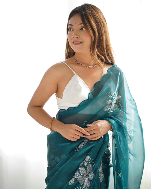 Teal Organza Embroidered Saree