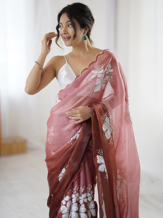 Organza Embroidered Saree | Mauve Wine Ombre | Floral Sequin Work